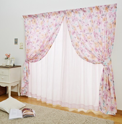 水彩 花柄 2枚重ね カーテン 綿100% 2枚組 幅100x110ー150cm丈 国産 日本製 ピンク ブルーオーダー MU-1 水彩 花柄 2枚重ね カーテン 綿100% 2枚組 幅100x110ー150cm丈 国産 日本製 ピンク ブルーオーダー MU-1