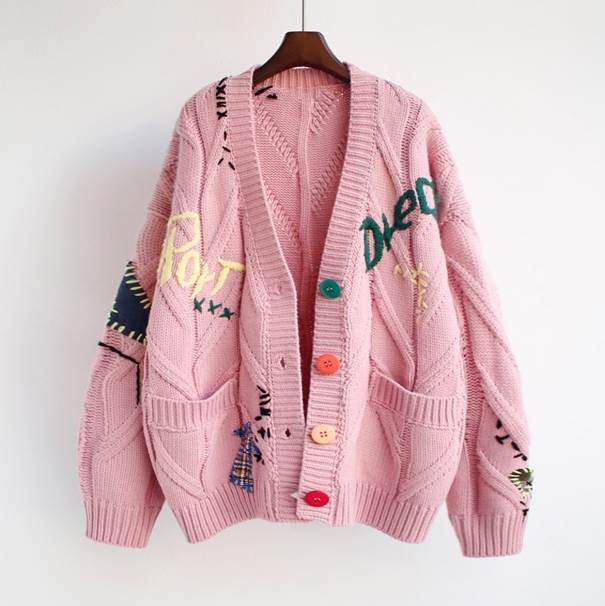 トップス カーディガン ロング 袖あり 長袖 Vネック 襟なし 刺繍