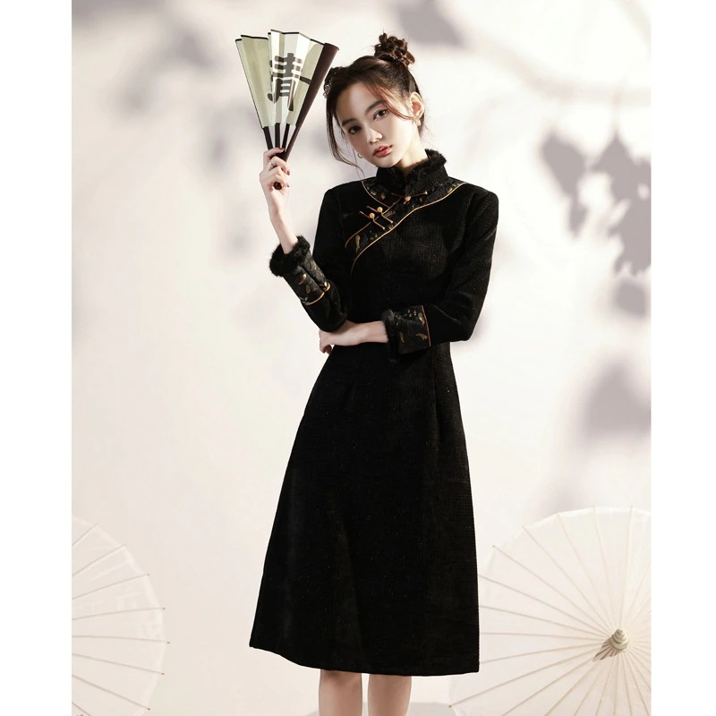 ワンピースドレスドレス女性服冬の女性のためのスタイルのチョンサム毎日の摩耗のための小さな若いスタイルの長袖 ワンピースドレスドレス女性服冬の女性のためのスタイルのチョンサム毎日の摩耗のための小さな若いスタイルの長袖