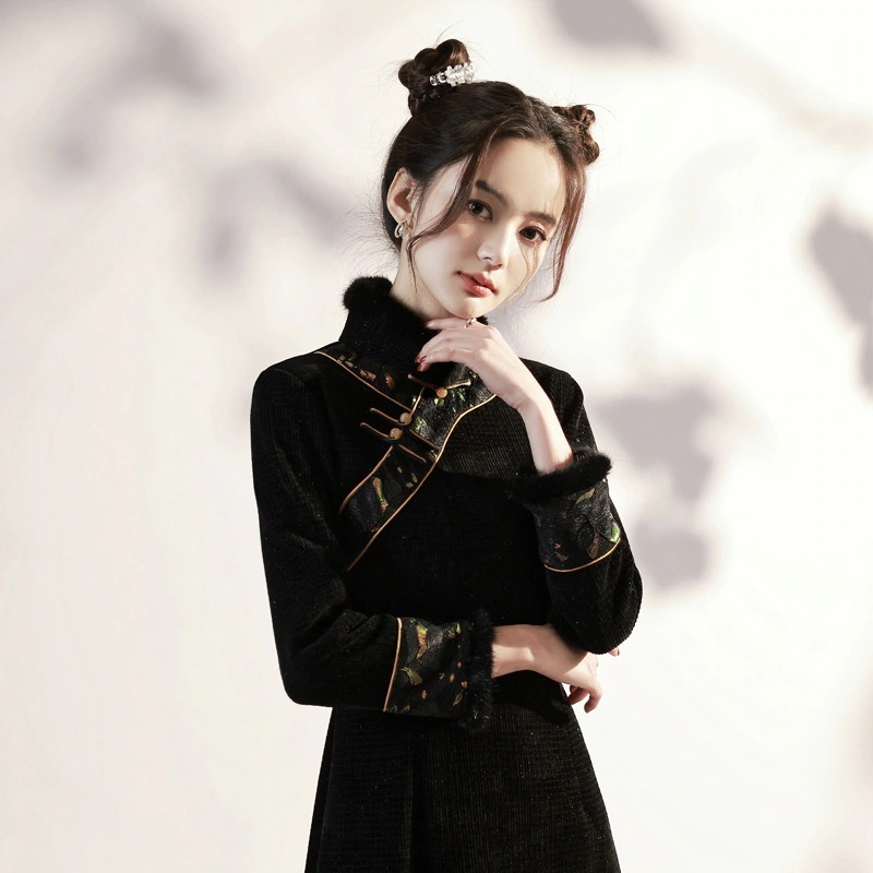 ワンピースドレスドレス女性服冬の女性のためのスタイルのチョンサム毎日の摩耗のための小さな若いスタイルの長袖 ワンピースドレスドレス女性服冬の女性のためのスタイルのチョンサム毎日の摩耗のための小さな若いスタイルの長袖