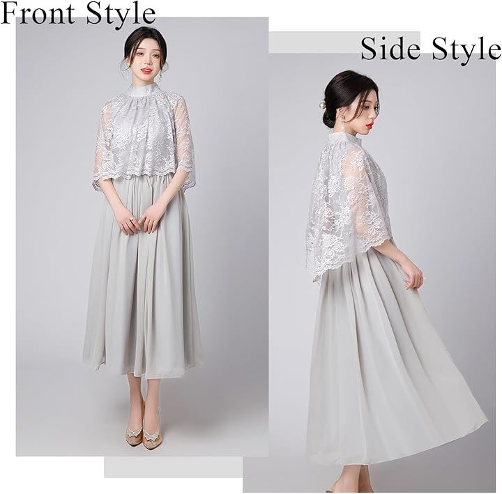 結婚式ドレス ケープ付き ロング レース お呼ばれ 袖あり ミモレ丈 体型カバー Aライン フォーマル(グレー, XL) 結婚式ドレス ケープ付き ロング レース お呼ばれ 袖あり ミモレ丈 体型カバー Aライン フォーマル(グレー, XL)