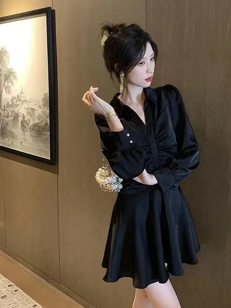 黒のミニプリーツTシャツ,女性用,長袖,カジュアル,韓国スタイル,綿,安い,販売中