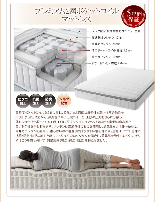 [組立設置付]選べる7つの寝心地 すのこ構造 脚付マットレス ボトムベッド プレミアム 2層ポケットコイルマットレス付 セミシングル [マットレス]白