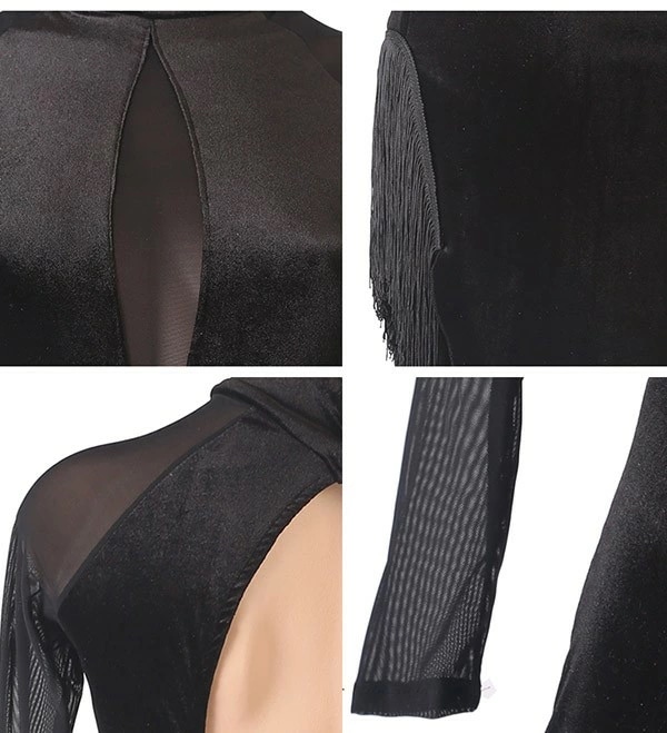 社交ダンス 社交ダンス衣装 ラテンドレス フリンジ 競技用ドレス 長袖 ワンピース ステージ衣装 ラテン専用ドレス レッスン着 練習用 透け感 ラテンドレス 発表会用 社交ダンス演出服 ルンバ サンバ