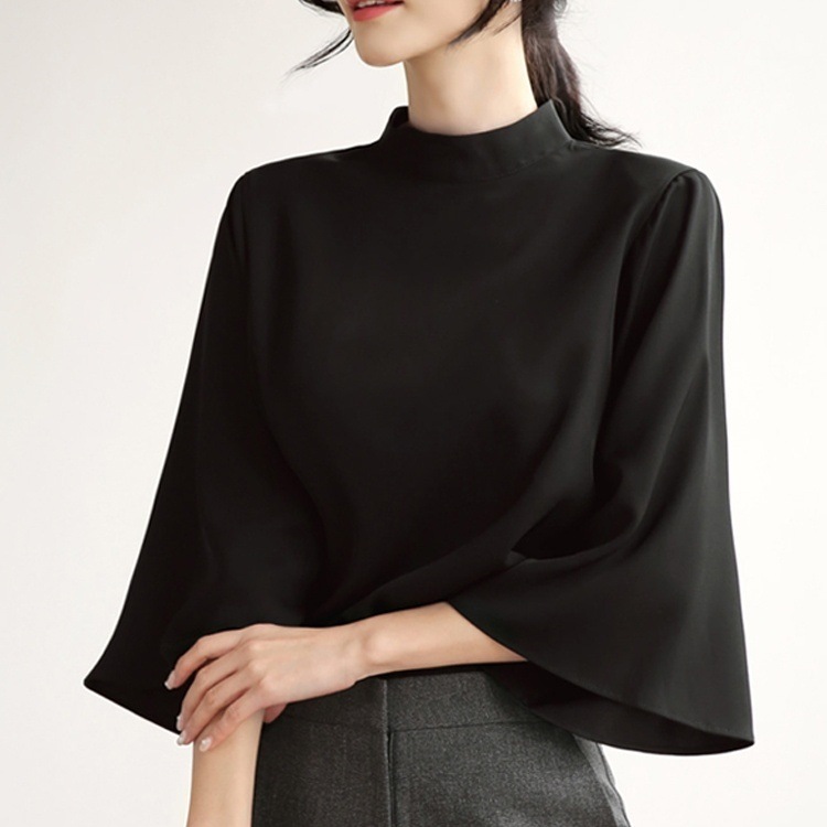 トップス ブラウス 7分袖 ベルスリーブ ハイネック プルオーバー ミディアム丈 シフォン かわいい 大人可愛い きれいめ シンプル 上品 おしゃれ かっこいい カジュアル レトロ ルーズ こなれ感