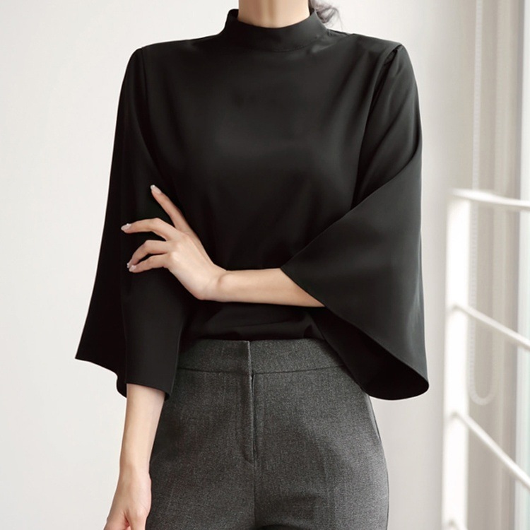 トップス ブラウス 7分袖 ベルスリーブ ハイネック プルオーバー ミディアム丈 シフォン かわいい 大人可愛い きれいめ シンプル 上品 おしゃれ かっこいい カジュアル レトロ ルーズ こなれ感