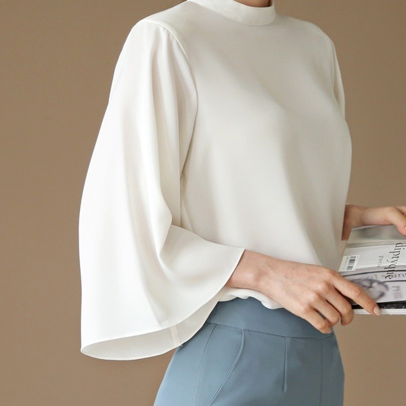 トップス ブラウス 7分袖 ベルスリーブ ハイネック プルオーバー ミディアム丈 シフォン かわいい 大人可愛い きれいめ シンプル 上品 おしゃれ かっこいい カジュアル レトロ ルーズ こなれ感