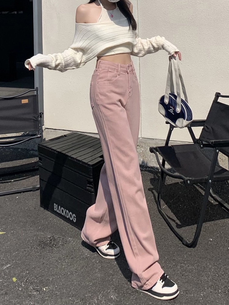 ピンクワイドレッグジーンズ女性秋2023新しいアメリカのハイストリートストレート緩い薄いドラッグパンツ
