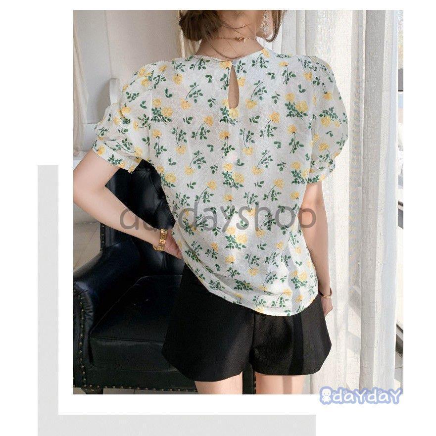シャツ トップス サマー ラウンドネック パフスリーブ 花柄 半袖 総柄 薄手 フラワー ベーシック ナチュラルコーデ 涼しげ 女子旅 シャツ トップス サマー ラウンドネック パフスリーブ 花柄 半袖 総柄 薄手 フラワー ベーシック ナチュラルコーデ 涼しげ 女子旅