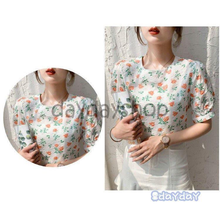 シャツ トップス サマー ラウンドネック パフスリーブ 花柄 半袖 総柄 薄手 フラワー ベーシック ナチュラルコーデ 涼しげ 女子旅 シャツ トップス サマー ラウンドネック パフスリーブ 花柄 半袖 総柄 薄手 フラワー ベーシック ナチュラルコーデ 涼しげ 女子旅
