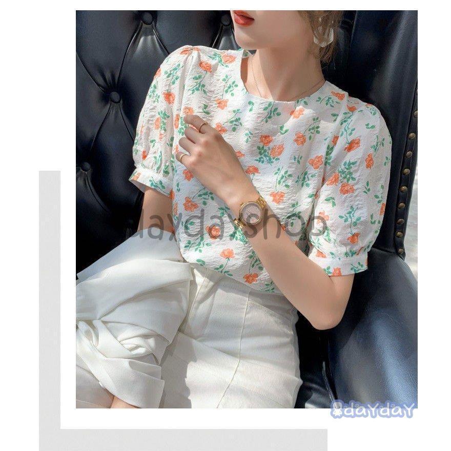 シャツ トップス サマー ラウンドネック パフスリーブ 花柄 半袖 総柄 薄手 フラワー ベーシック ナチュラルコーデ 涼しげ 女子旅 シャツ トップス サマー ラウンドネック パフスリーブ 花柄 半袖 総柄 薄手 フラワー ベーシック ナチュラルコーデ 涼しげ 女子旅