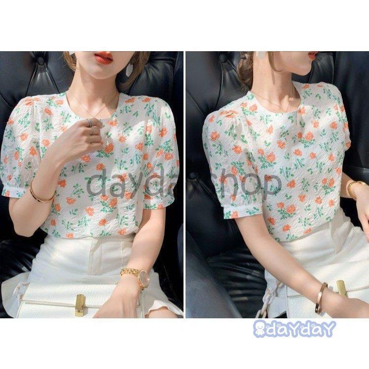 シャツ トップス サマー ラウンドネック パフスリーブ 花柄 半袖 総柄 薄手 フラワー ベーシック ナチュラルコーデ 涼しげ 女子旅 シャツ トップス サマー ラウンドネック パフスリーブ 花柄 半袖 総柄 薄手 フラワー ベーシック ナチュラルコーデ 涼しげ 女子旅