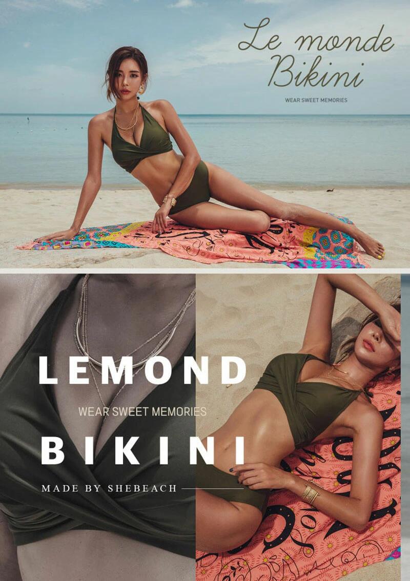 最新モデル登場！売れ レディース 水着 ビキニ レディース 水着 セクシー 夏 ノンワイヤー リボン ホルターネック セパレート 韓国風 無地 カーキ オトナ女子 ライン 上下 2点セット 20代 3