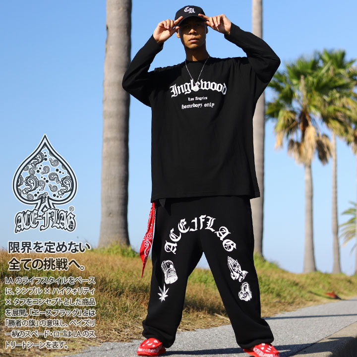 ACE FLAG 上下セット 長袖 ブランド メンズ 春秋冬用 黒 大きいサイズ エースフラッグ セットアップ ロンT 上下 Inglewood イングルウッド