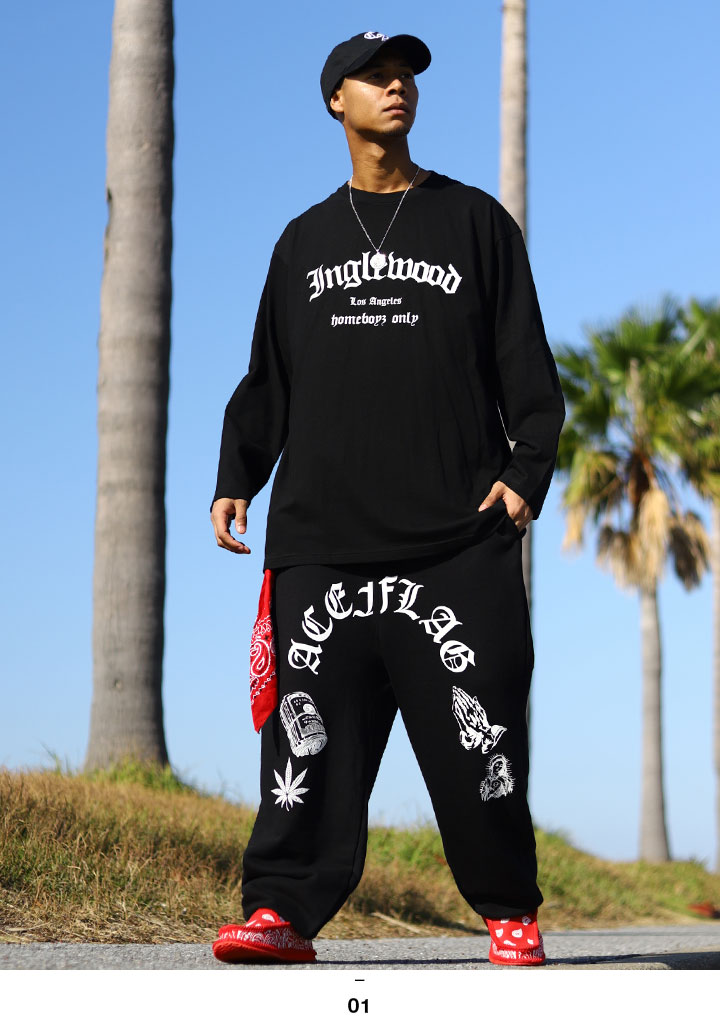 ACE FLAG 上下セット 長袖 ブランド メンズ 春秋冬用 黒 大きいサイズ エースフラッグ セットアップ ロンT 上下 Inglewood イングルウッド