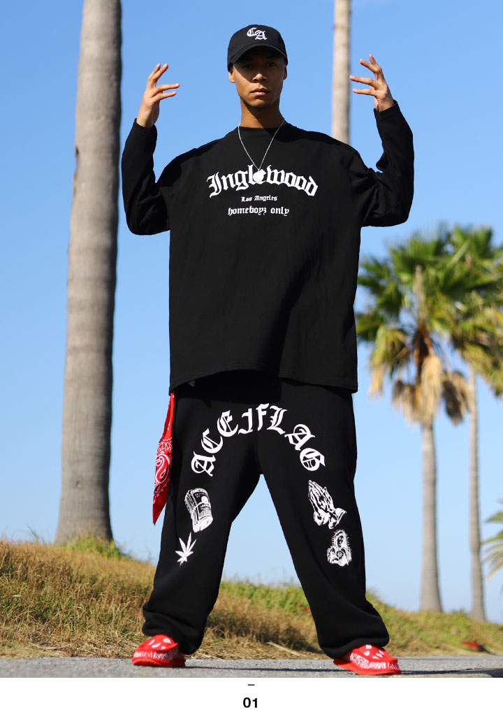ACE FLAG 上下セット 長袖 ブランド メンズ 春秋冬用 黒 大きいサイズ エースフラッグ セットアップ ロンT 上下 Inglewood イングルウッド