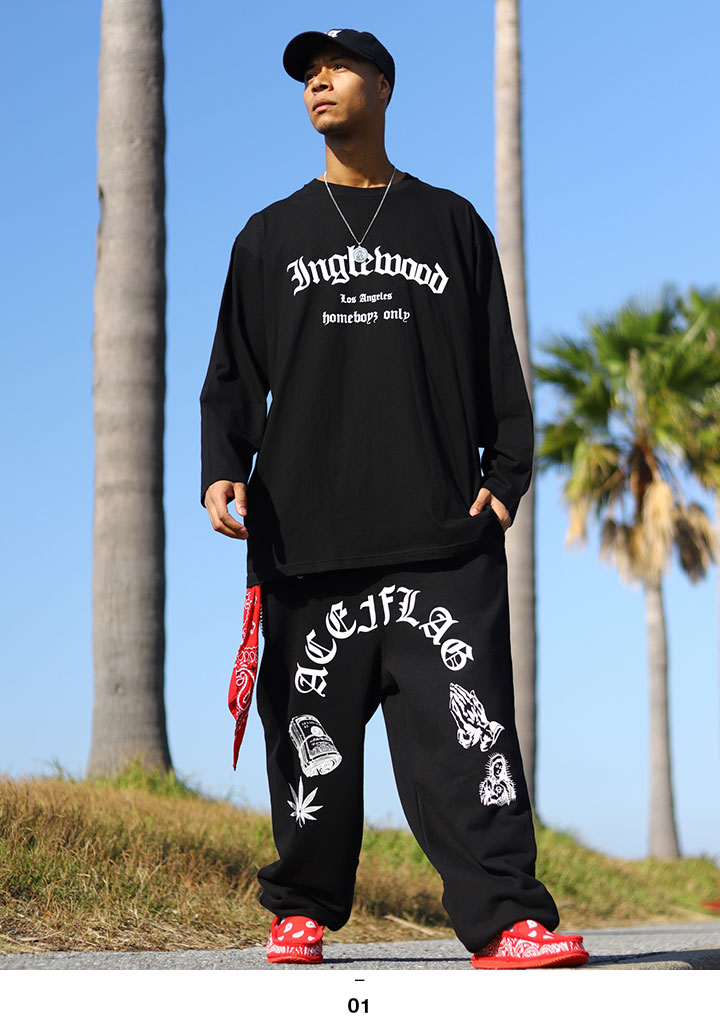 ACE FLAG 上下セット 長袖 ブランド メンズ 春秋冬用 黒 大きいサイズ エースフラッグ セットアップ ロンT 上下 Inglewood イングルウッド