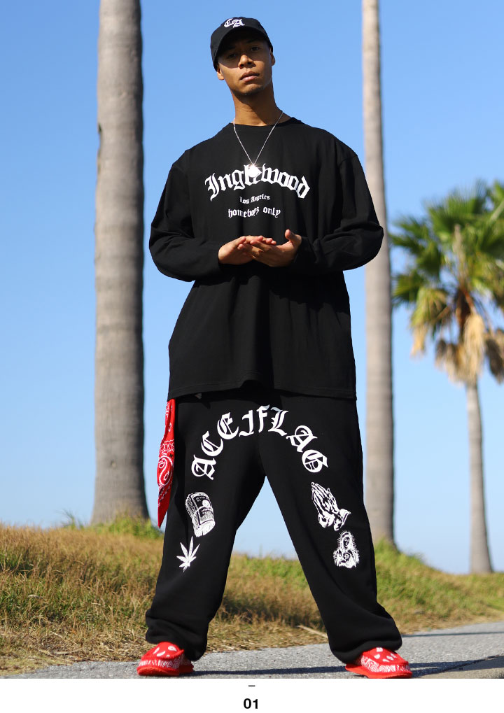 ACE FLAG 上下セット 長袖 ブランド メンズ 春秋冬用 黒 大きいサイズ エースフラッグ セットアップ ロンT 上下 Inglewood イングルウッド