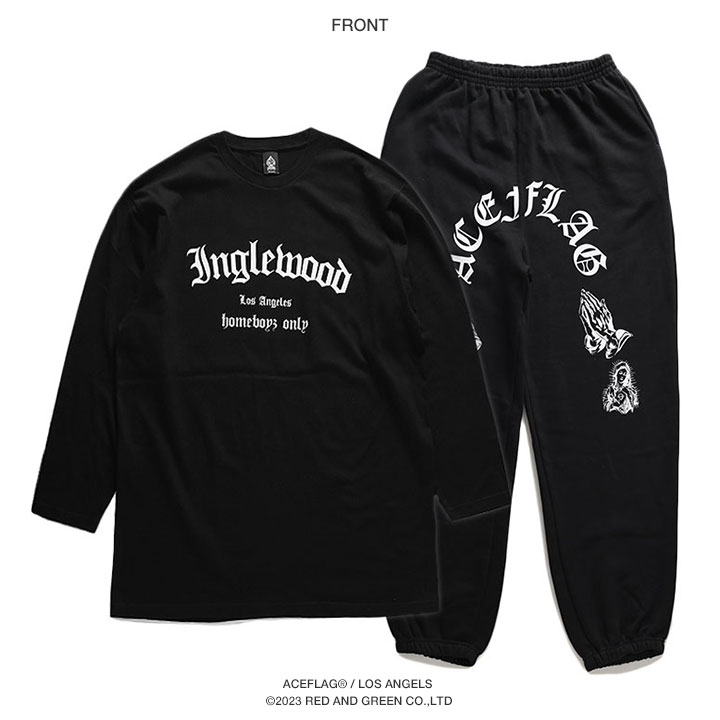 ACE FLAG 上下セット 長袖 ブランド メンズ 春秋冬用 黒 大きいサイズ エースフラッグ セットアップ ロンT 上下 Inglewood イングルウッド