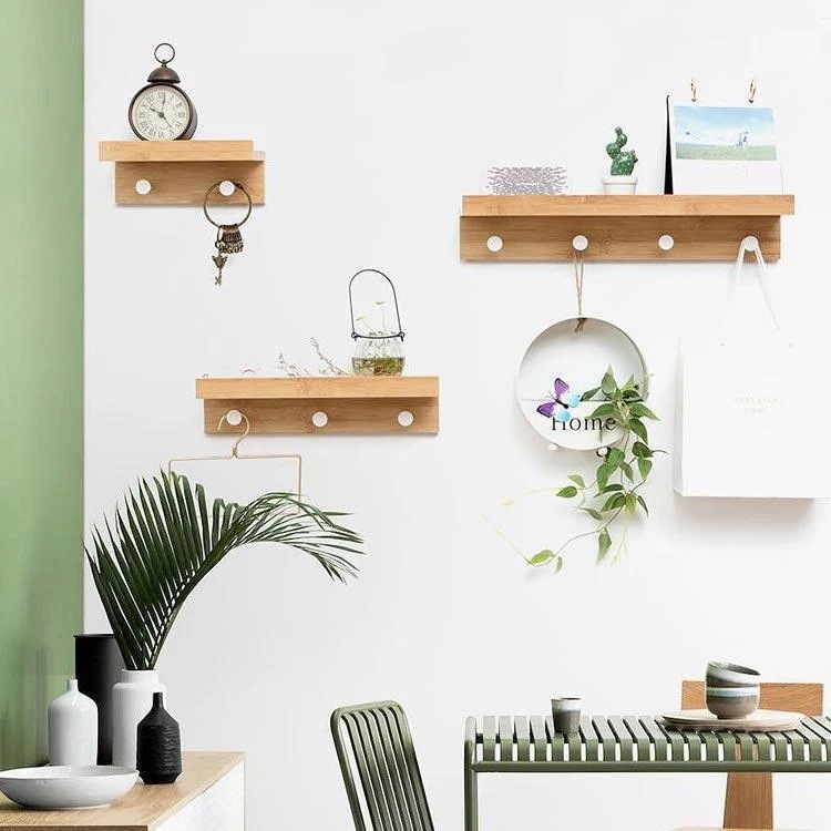 【急速出荷!】ウォールシェルフ フック付 幅48.5cm 壁 棚 木製 竹製 洋服掛け 壁掛け ハンガーラック コート掛け ウォールハンガー 壁面収納棚 ウッ