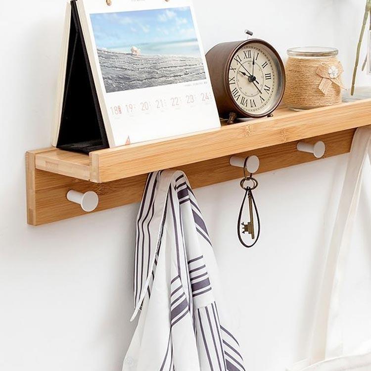 【急速出荷!】ウォールシェルフ フック付 幅48.5cm 壁 棚 木製 竹製 洋服掛け 壁掛け ハンガーラック コート掛け ウォールハンガー 壁面収納棚 ウッ