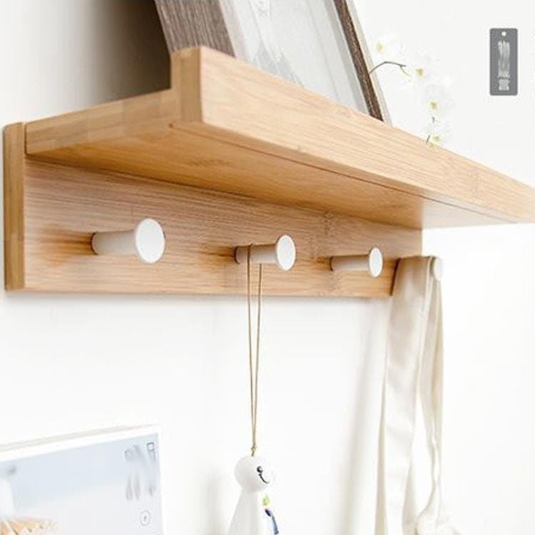 【急速出荷!】ウォールシェルフ フック付 幅48.5cm 壁 棚 木製 竹製 洋服掛け 壁掛け ハンガーラック コート掛け ウォールハンガー 壁面収納棚 ウッ