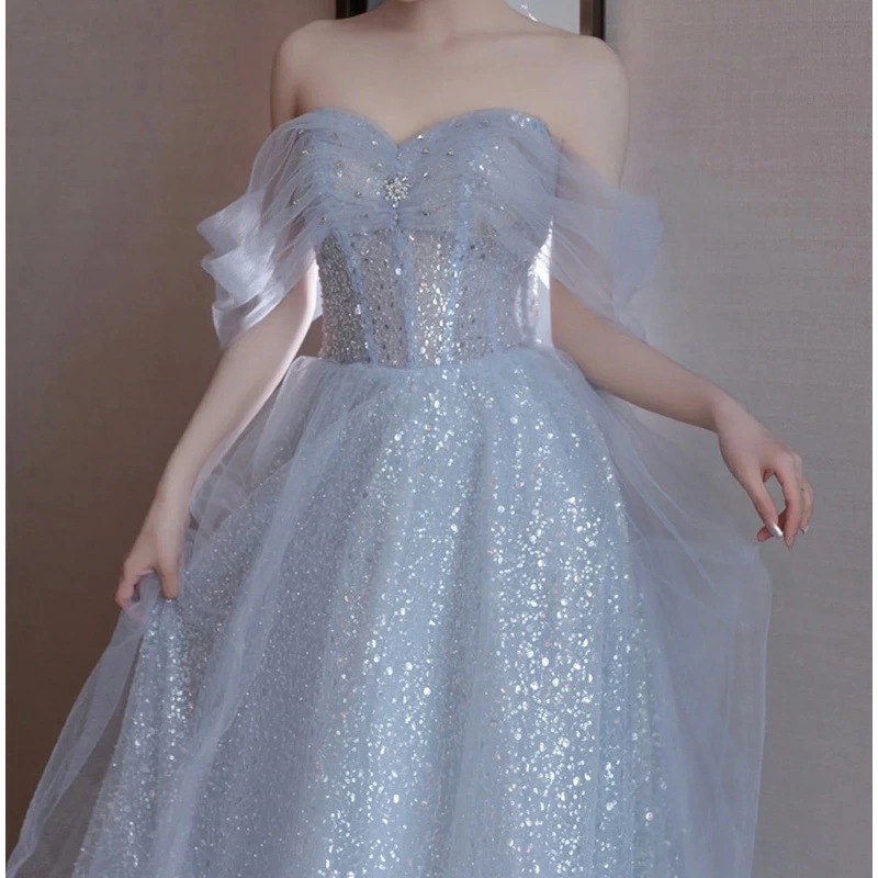 イブニングドレス ブルー オフショルダー 発表会ドレス ロングドレス