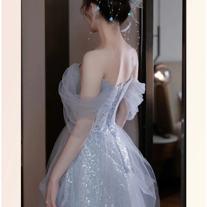 イブニングドレス ブルー オフショルダー 発表会ドレス ロングドレス