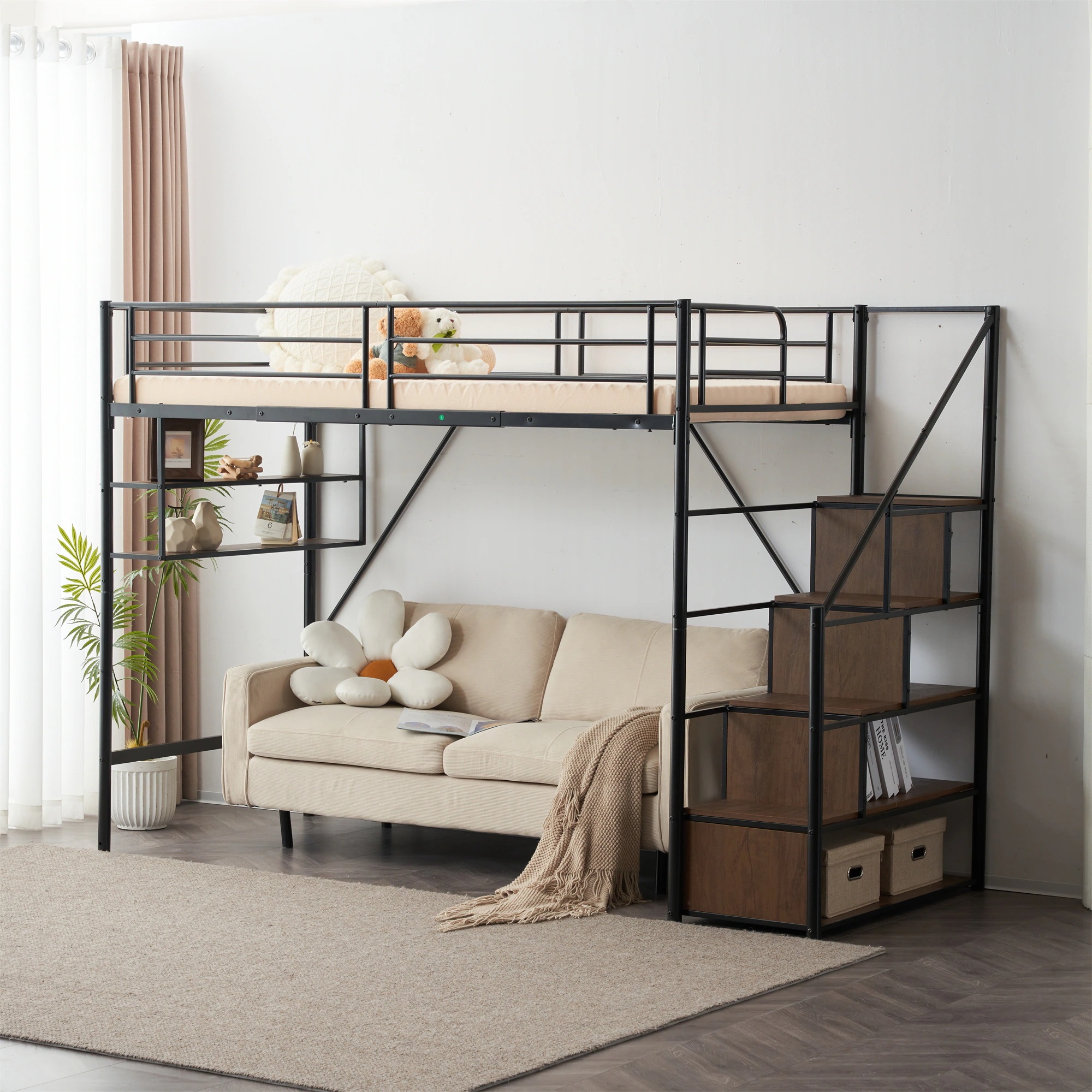 【国内発送M】77新作 ブラック ロフトベッド 片側手すり付き 収納付き パイプベッド シングルベッド 木 北欧風 子供部屋 スチール 耐震 ベッド 【国内発送M】77新作 ブラック ロフトベッド 片側手すり付き 収納付き パイプベッド シングルベッド 木 北欧風 子供部屋 スチール 耐震 ベッド