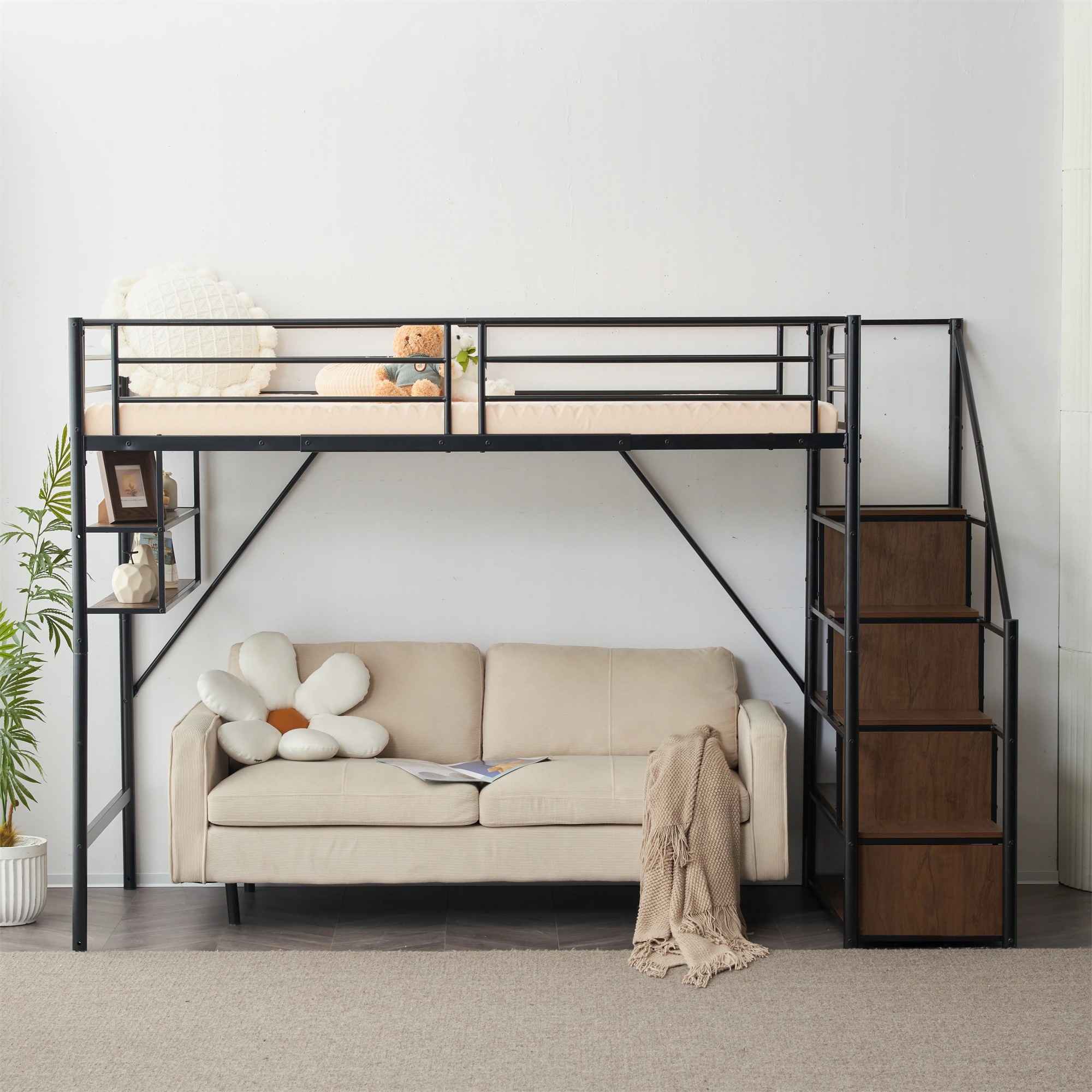 【国内発送M】77新作 ブラック ロフトベッド 片側手すり付き 収納付き パイプベッド シングルベッド 木 北欧風 子供部屋 スチール 耐震 ベッド 【国内発送M】77新作 ブラック ロフトベッド 片側手すり付き 収納付き パイプベッド シングルベッド 木 北欧風 子供部屋 スチール 耐震 ベッド