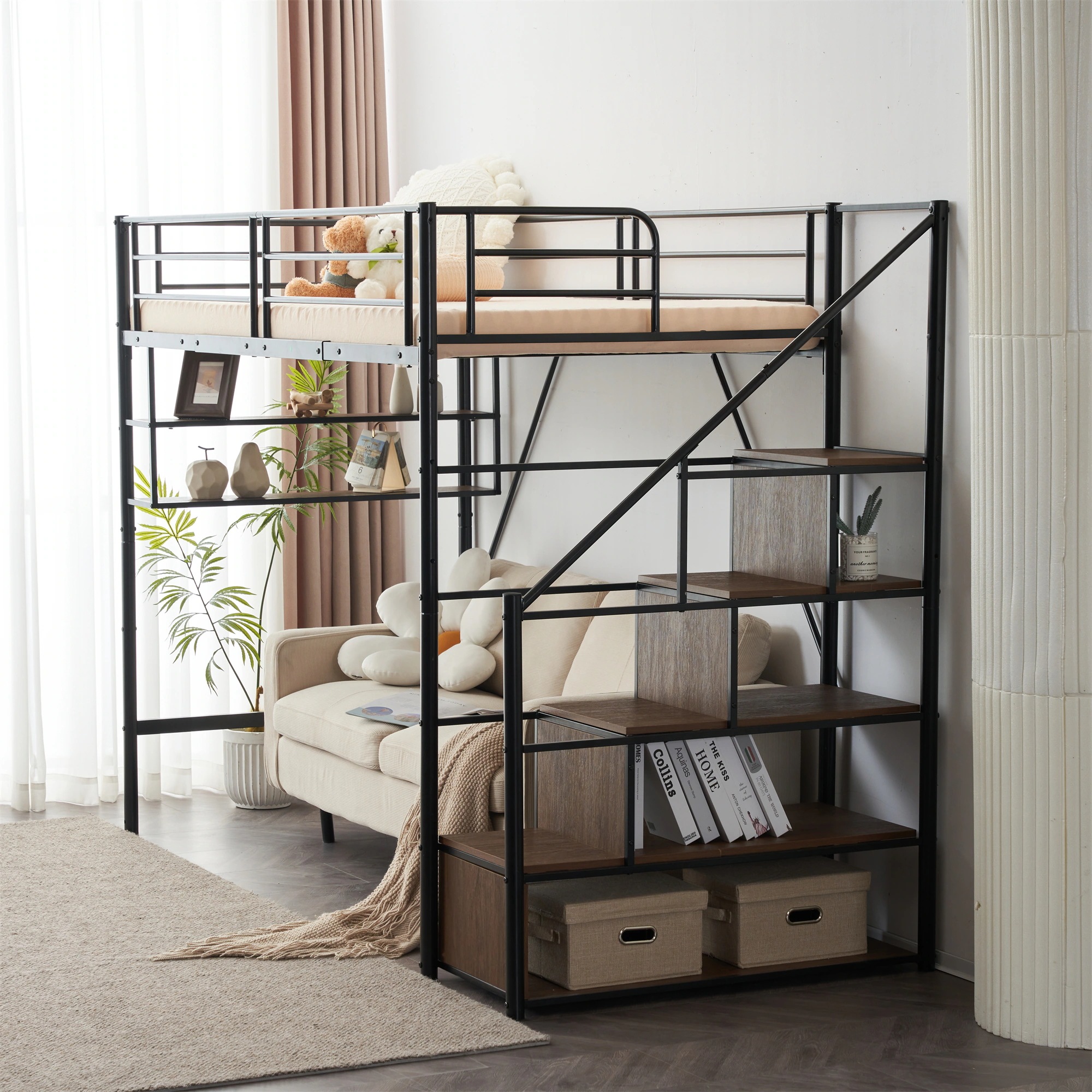 【国内発送M】77新作 ブラック ロフトベッド 片側手すり付き 収納付き パイプベッド シングルベッド 木 北欧風 子供部屋 スチール 耐震 ベッド 【国内発送M】77新作 ブラック ロフトベッド 片側手すり付き 収納付き パイプベッド シングルベッド 木 北欧風 子供部屋 スチール 耐震 ベッド