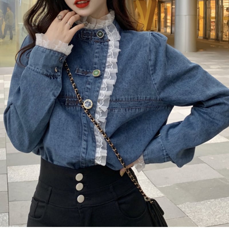 レディース トップス シャツ ブラウス デニム 袖コンシャス ブルー お洒落 おしゃれ 秋冬 256 レディース トップス シャツ ブラウス デニム 袖コンシャス ブルー お洒落 おしゃれ 秋冬 256