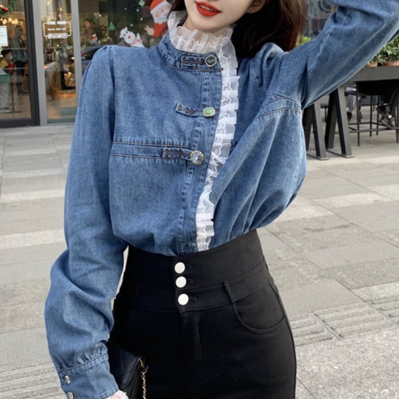 レディース トップス シャツ ブラウス デニム 袖コンシャス ブルー お洒落 おしゃれ 秋冬 256 レディース トップス シャツ ブラウス デニム 袖コンシャス ブルー お洒落 おしゃれ 秋冬 256