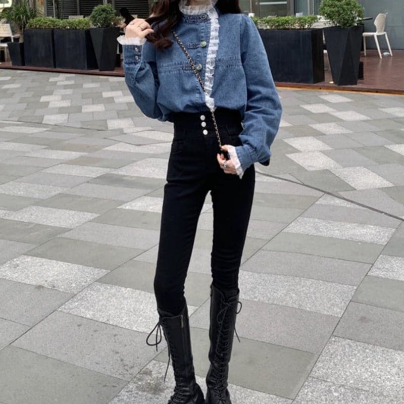 レディース トップス シャツ ブラウス デニム 袖コンシャス ブルー お洒落 おしゃれ 秋冬 256 レディース トップス シャツ ブラウス デニム 袖コンシャス ブルー お洒落 おしゃれ 秋冬 256