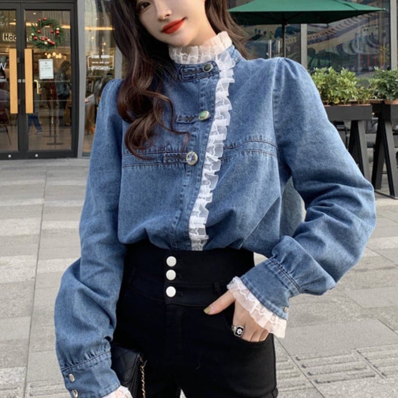 レディース トップス シャツ ブラウス デニム 袖コンシャス ブルー お洒落 おしゃれ 秋冬 256 レディース トップス シャツ ブラウス デニム 袖コンシャス ブルー お洒落 おしゃれ 秋冬 256
