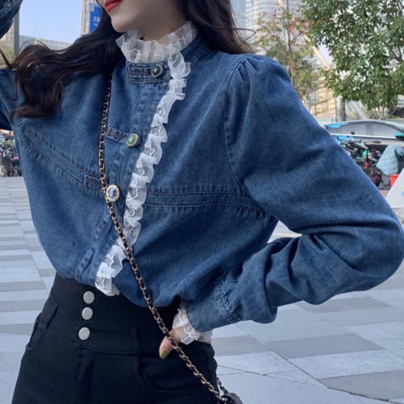 レディース トップス シャツ ブラウス デニム 袖コンシャス ブルー お洒落 おしゃれ 秋冬 256 レディース トップス シャツ ブラウス デニム 袖コンシャス ブルー お洒落 おしゃれ 秋冬 256
