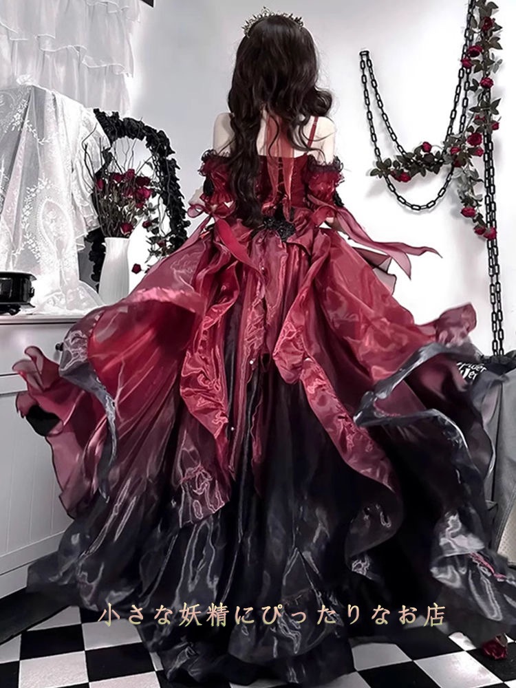 レッドウェディングドレス ロリータドレス レディースドレス ロリータ重工テールふわふわプリンセスドレス