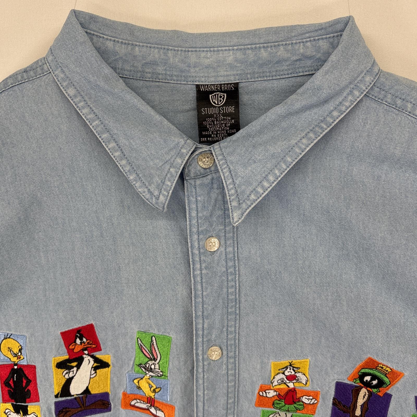古着 90s/90年代 ワーナーブラザーズ 長袖 デニムシャツ シャンブレシャツ キャラ刺繍 ルーニーテューンズ 大きいサイズ XXL ブルー メンズ