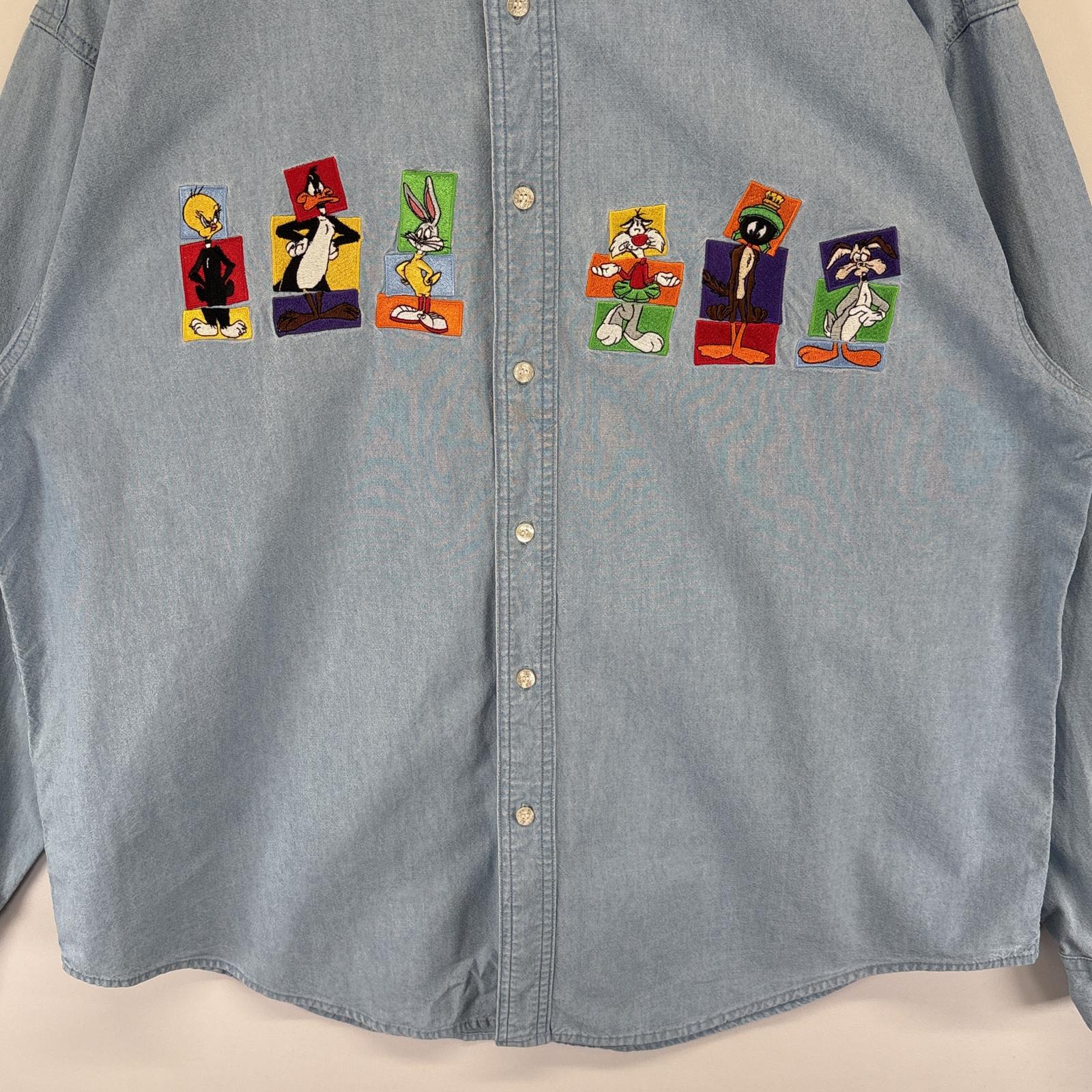 古着 90s/90年代 ワーナーブラザーズ 長袖 デニムシャツ シャンブレシャツ キャラ刺繍 ルーニーテューンズ 大きいサイズ XXL ブルー メンズ