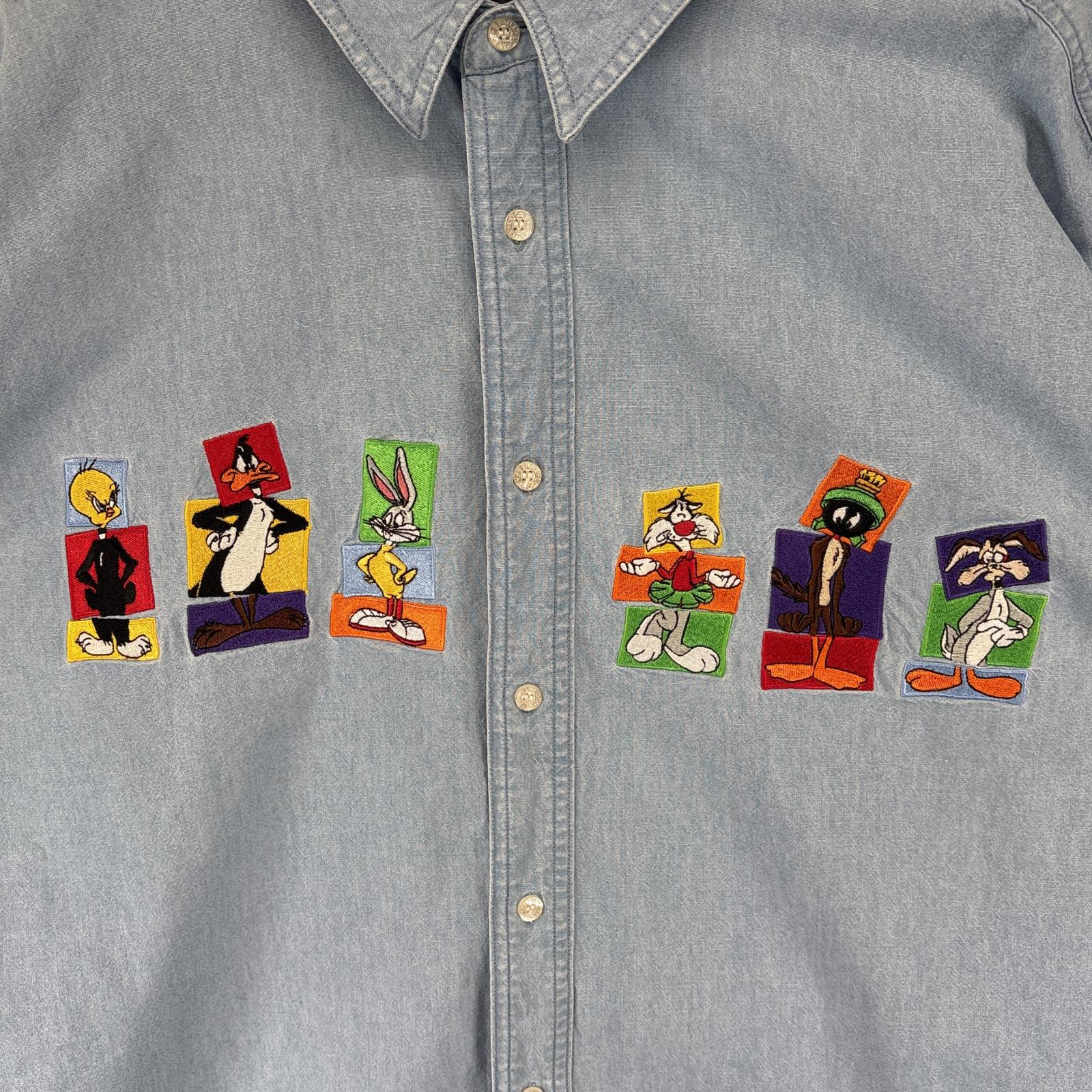 古着 90s/90年代 ワーナーブラザーズ 長袖 デニムシャツ シャンブレシャツ キャラ刺繍 ルーニーテューンズ 大きいサイズ XXL ブルー メンズ