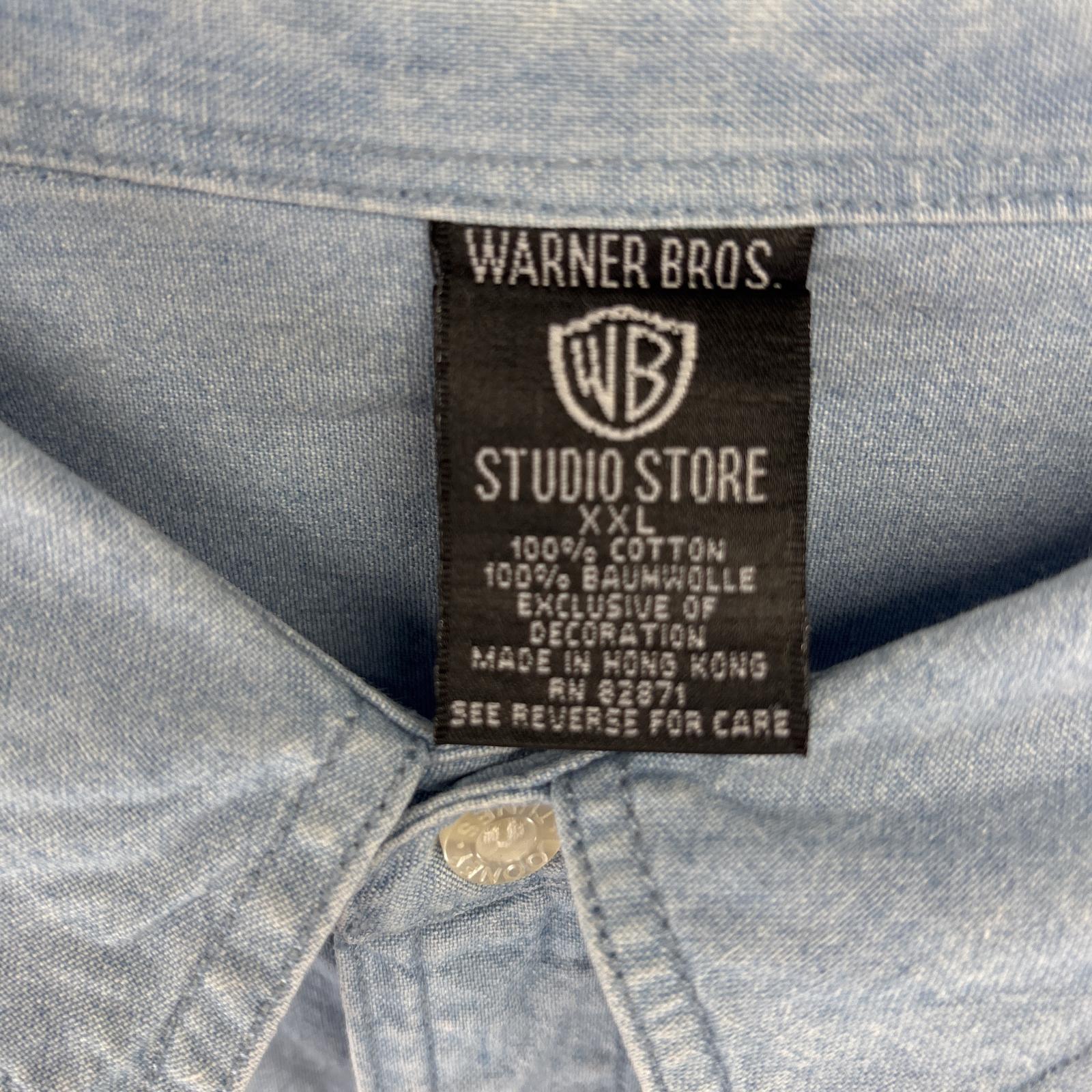古着 90s/90年代 ワーナーブラザーズ 長袖 デニムシャツ シャンブレシャツ キャラ刺繍 ルーニーテューンズ 大きいサイズ XXL ブルー メンズ