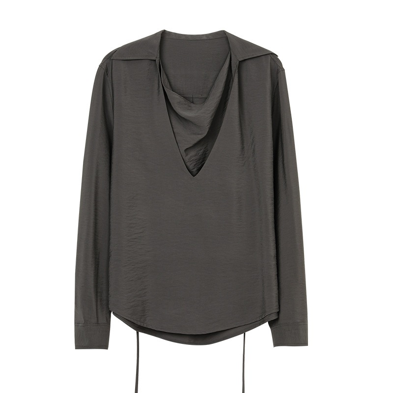 文芸感のある襟のパッチワークシャツ女性25春の新気質ゆったり系ベルトで着痩せしたトップス24639