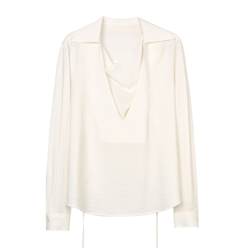 文芸感のある襟のパッチワークシャツ女性25春の新気質ゆったり系ベルトで着痩せしたトップス24639