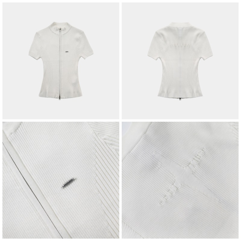 【BADBLOOD】 MOCKNECK SHORT SLEEVE KNIT ZIP-UP : WHITE