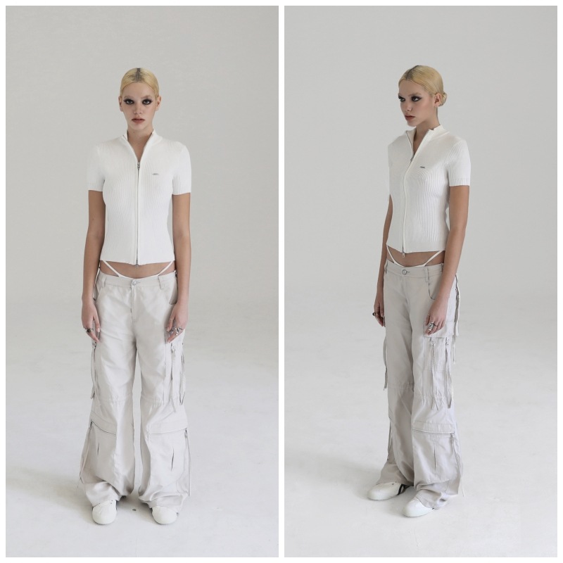 【BADBLOOD】 MOCKNECK SHORT SLEEVE KNIT ZIP-UP : WHITE