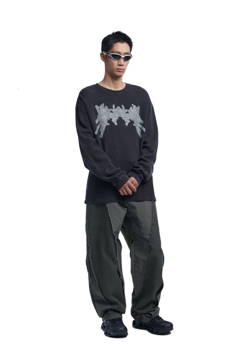★NOMANUAL★A.W WAFFLE LONG SLEEVE TEE A.W WAFFLE LONG SLEEVE TEE - WASHED BLACK - nomanual