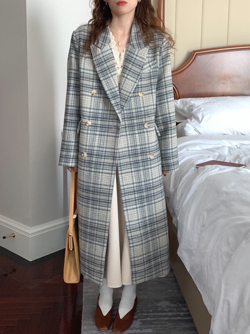 アウター コート ロングコート チェック柄 襟付き ボタン 長袖 ダブルブレスト カジュアル アウター コート ロングコート チェック柄 襟付き ボタン 長袖 ダブルブレスト カジュアル