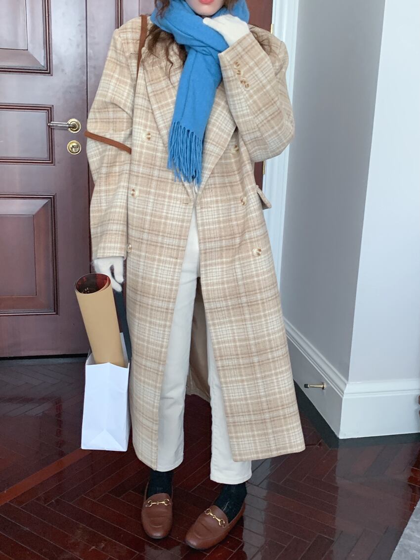 アウター コート ロングコート チェック柄 襟付き ボタン 長袖 ダブルブレスト カジュアル アウター コート ロングコート チェック柄 襟付き ボタン 長袖 ダブルブレスト カジュアル