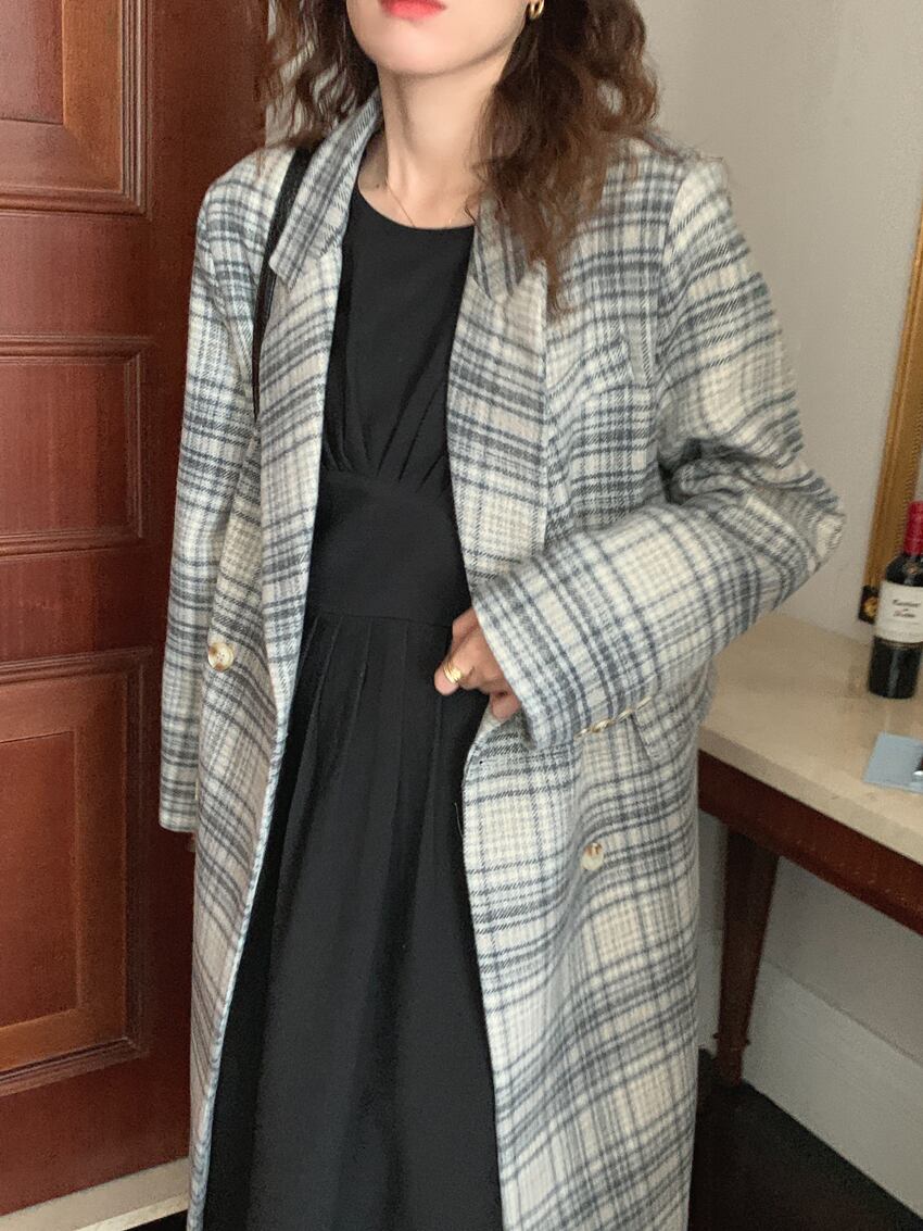 アウター コート ロングコート チェック柄 襟付き ボタン 長袖 ダブルブレスト カジュアル アウター コート ロングコート チェック柄 襟付き ボタン 長袖 ダブルブレスト カジュアル