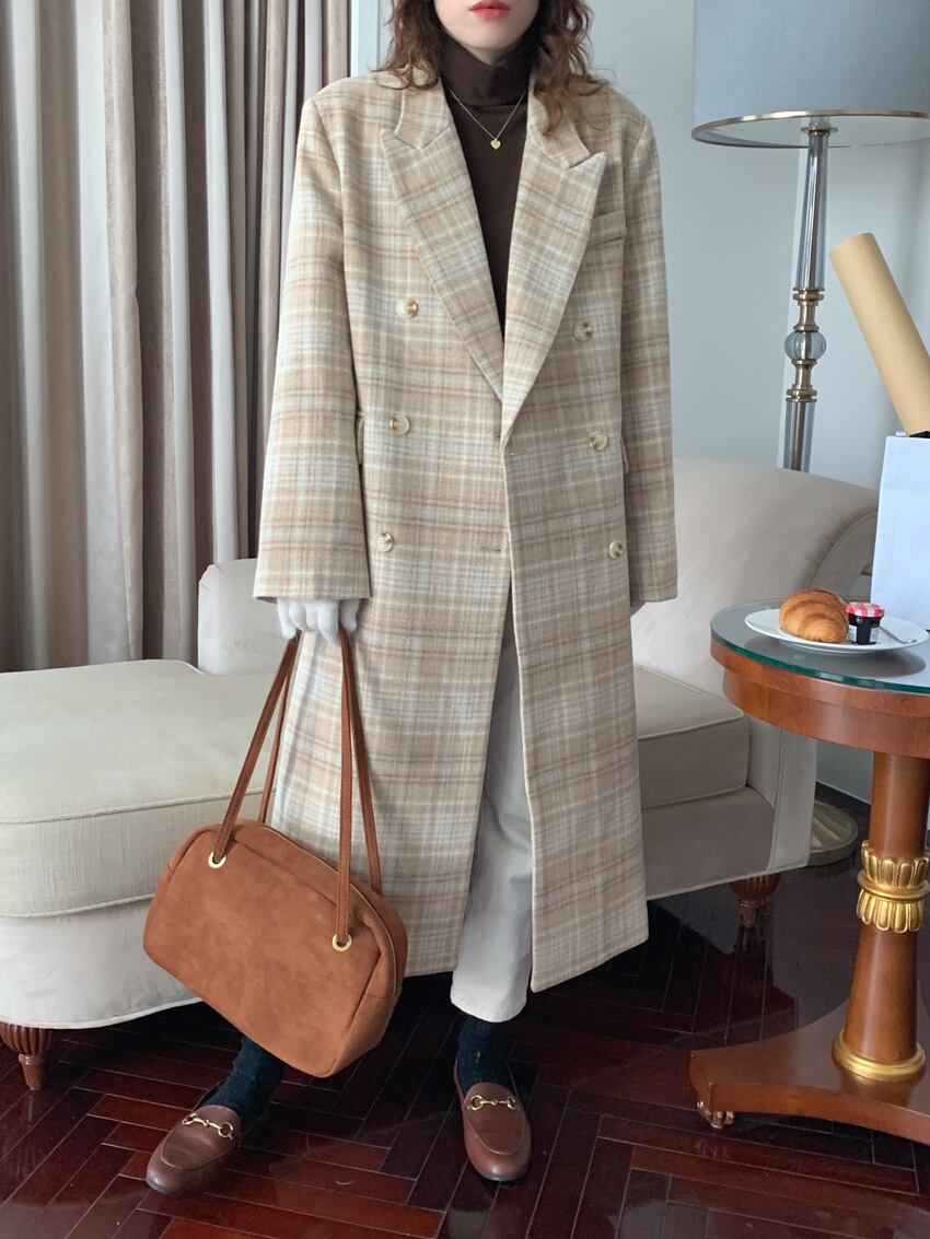 アウター コート ロングコート チェック柄 襟付き ボタン 長袖 ダブルブレスト カジュアル アウター コート ロングコート チェック柄 襟付き ボタン 長袖 ダブルブレスト カジュアル